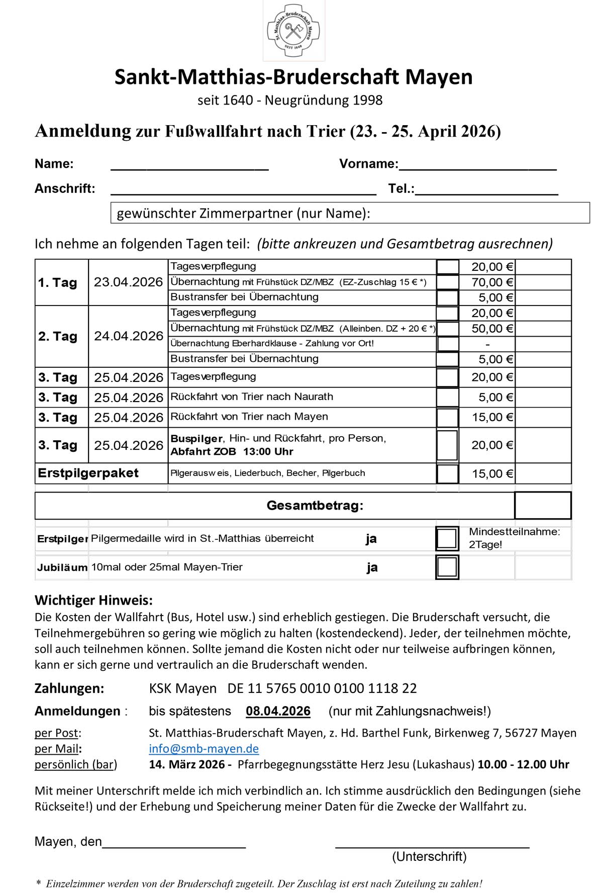 Anmeldung Wallfahrt 2026 Formular 1